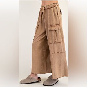1X - 3X 390 ❤️ EASEL latte WASHED WIDE LEGS TERRY CARGO PANTS